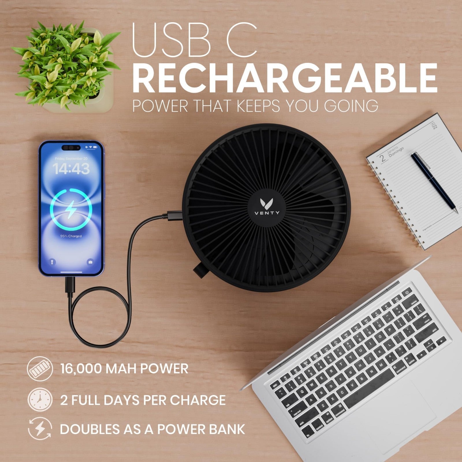 Portable Wireless Battery Operated Fan   4 Speeds, LED Light, Remote & Carry Cas6