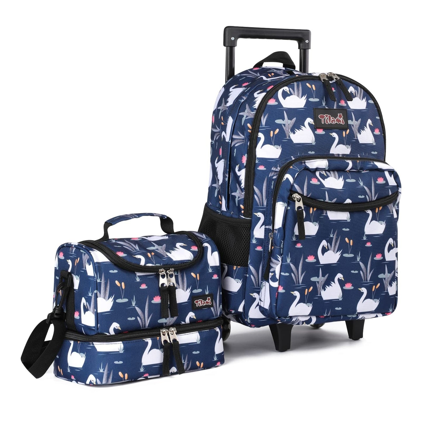 Wheeled Kids Backpack 18" Rolling Bag with Lunch Bag, Double Handle, Swan Blue1