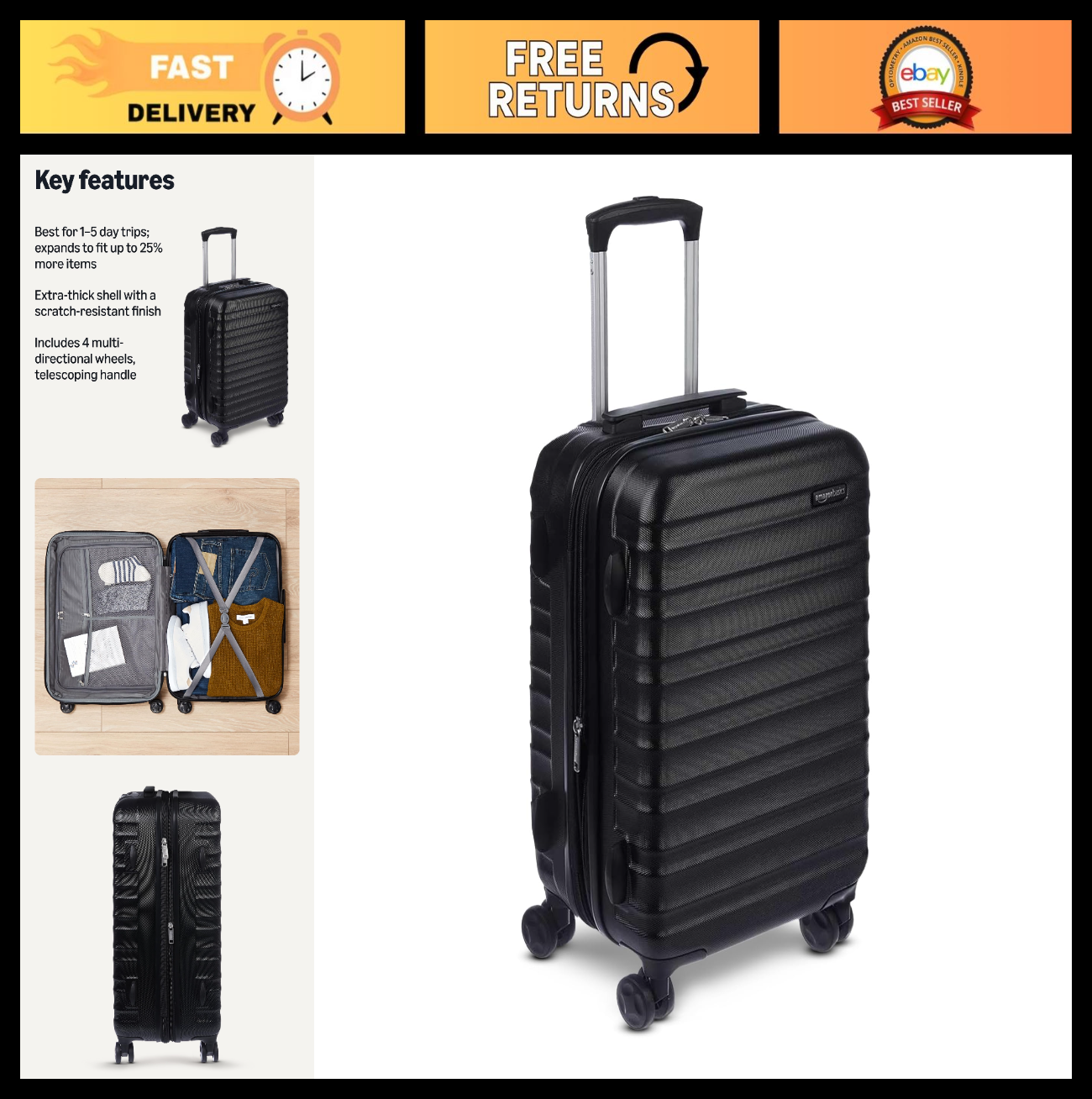 21" Hardside Carry On Luggage, Expandable, Spinner Wheels, Scratch Resistant, Bl0