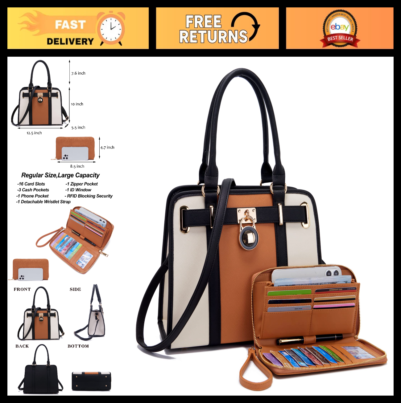 Stylish Structured Satchel Tote Handbag Set for Women with RFID Wallet - Fashion0