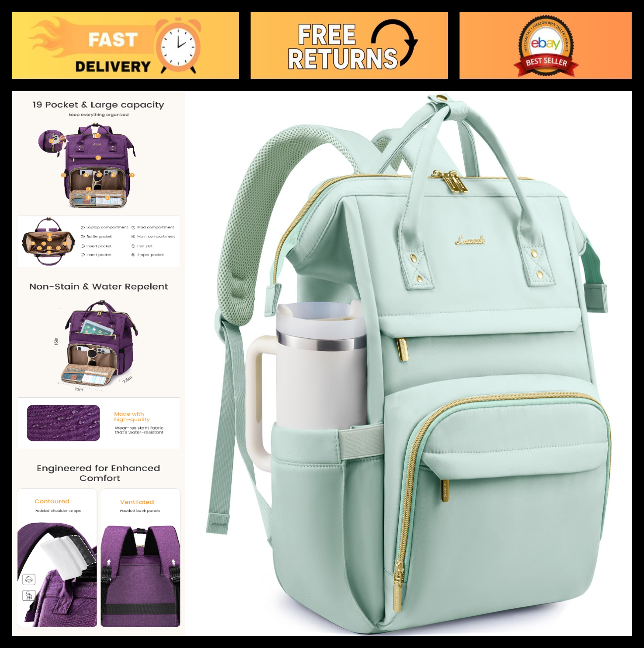 Stylish Waterproof Laptop Backpack 15.6" with Cup Holder, TSA Approved, Mint Gre0