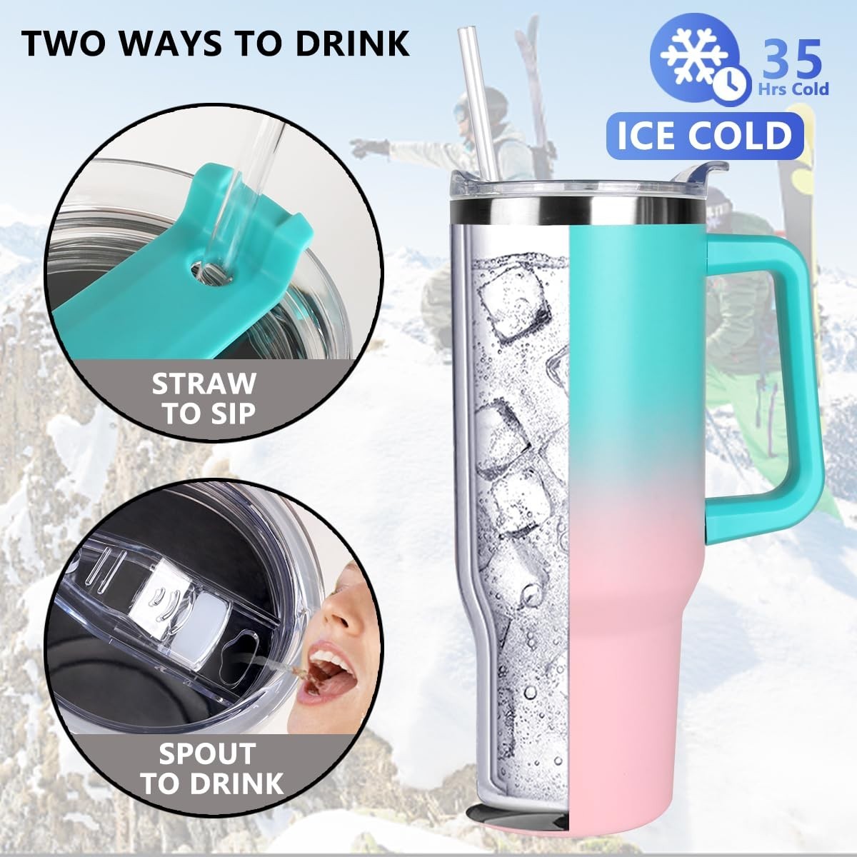 40 oz Insulated Tumbler with Handle & Straw   Leak Proof Travel Mug, Hot & Cold2