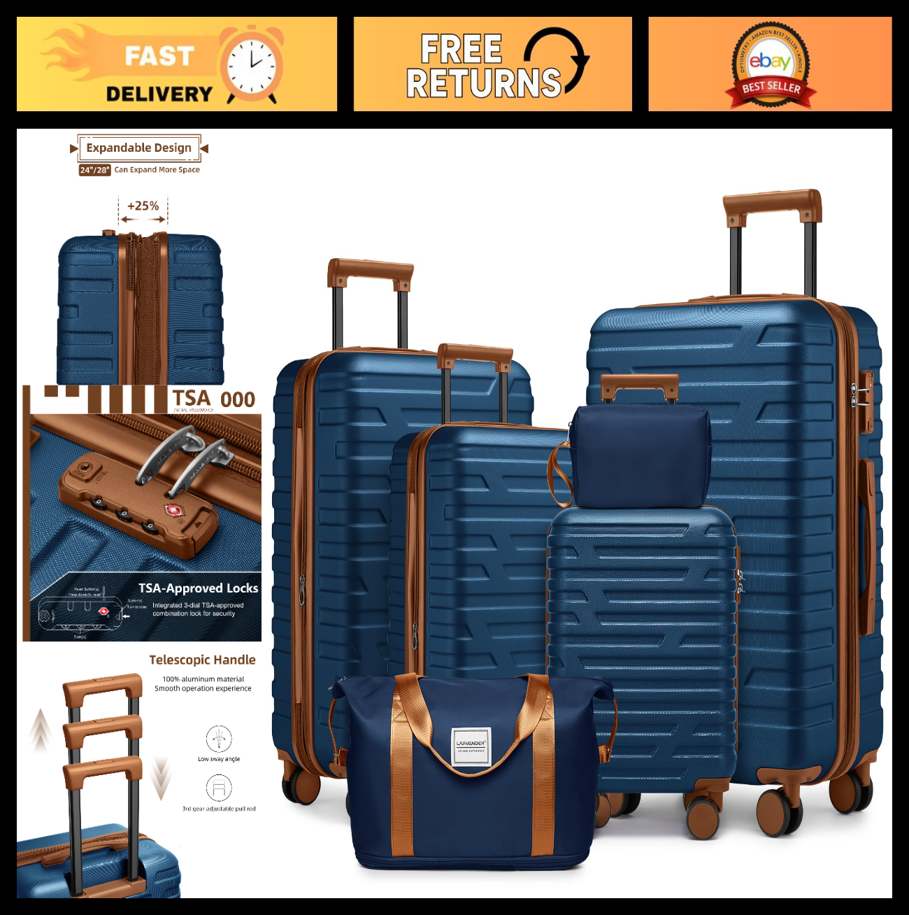 Expandable 6-Piece Luggage Set with Wheels, TSA-Approved, Lightweight Hardshell,0
