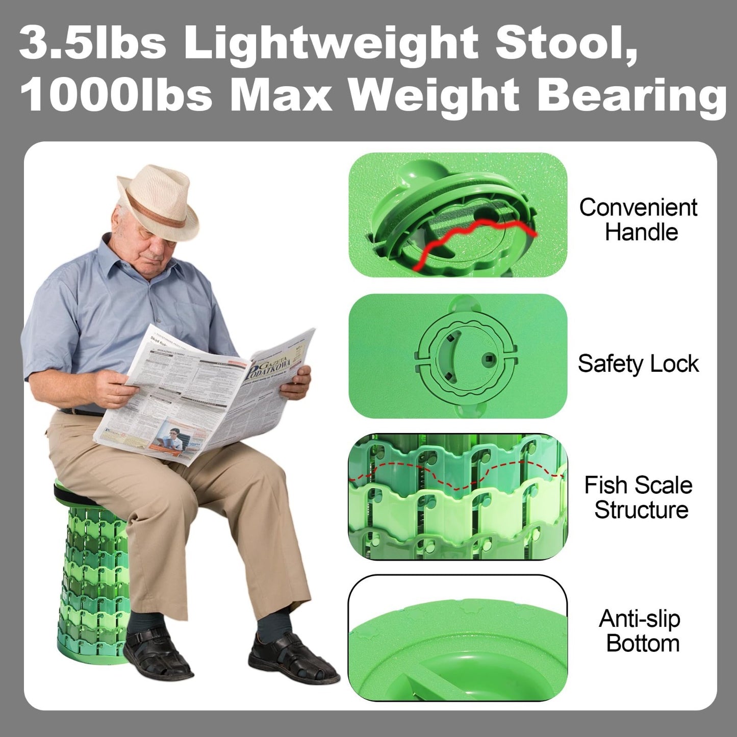Heavy Duty 19.7" Portable Folding Stool with Cushion - Telescoping Camp Seat, 103