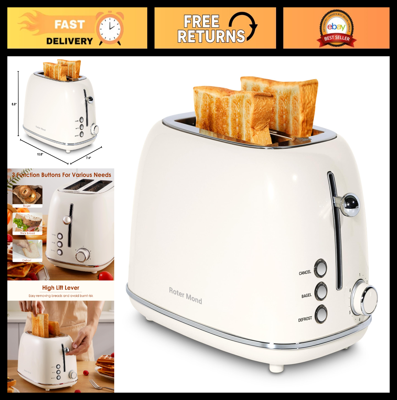 Retro Stainless Steel 2 Slice Toaster with Bagel, Defrost, 6 Shade Settings, Cre0