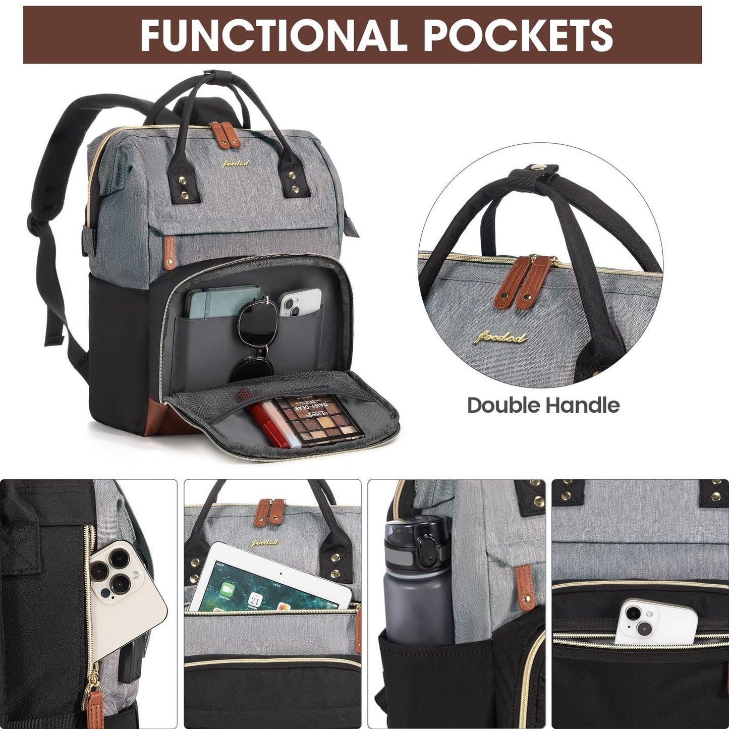 Waterproof 15.6" Laptop Backpack for Women   USB Port, Travel & Work Bag, Black/2