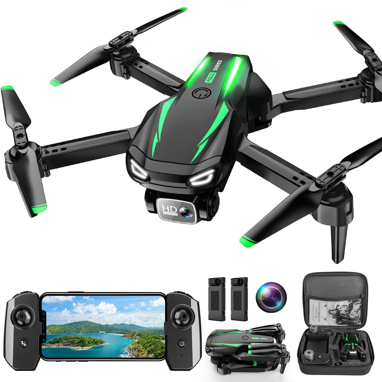 Foldable Drone with 1080P HD Camera, Mini Quadcopter for Beginners, 2 Batteries,1