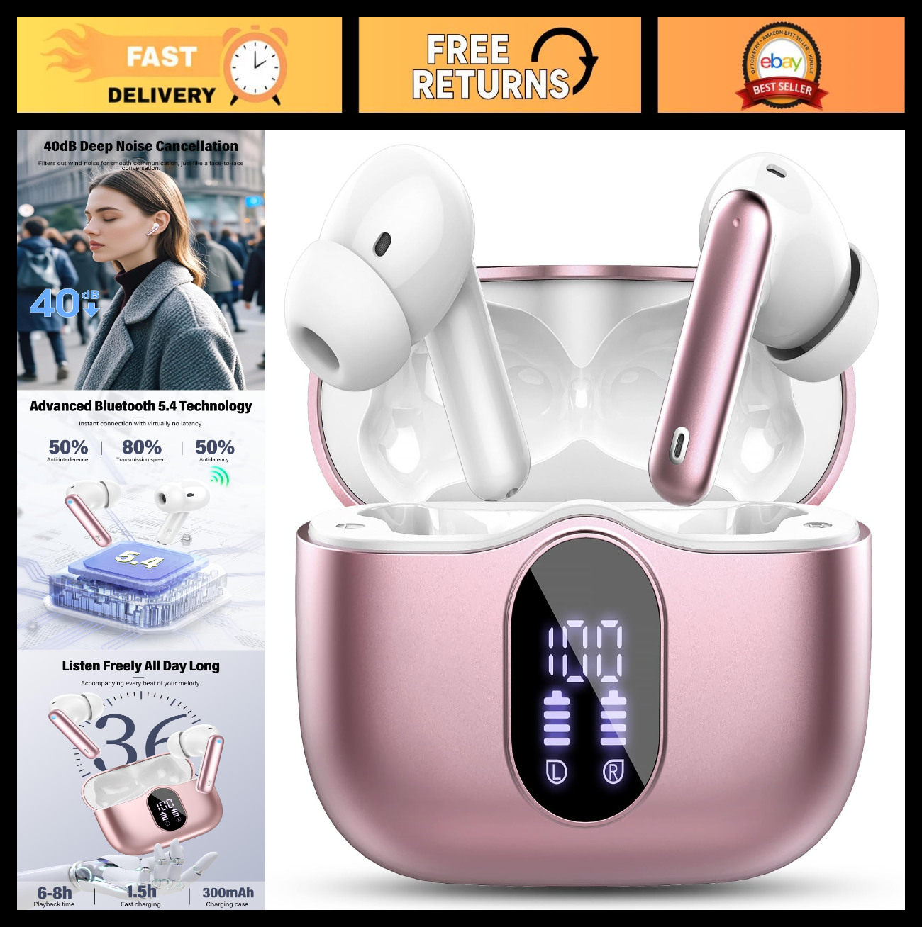 Wireless Earbuds Bluetooth 5.4, Noise Cancelling, IP7 Waterproof, 36H Playtime,0
