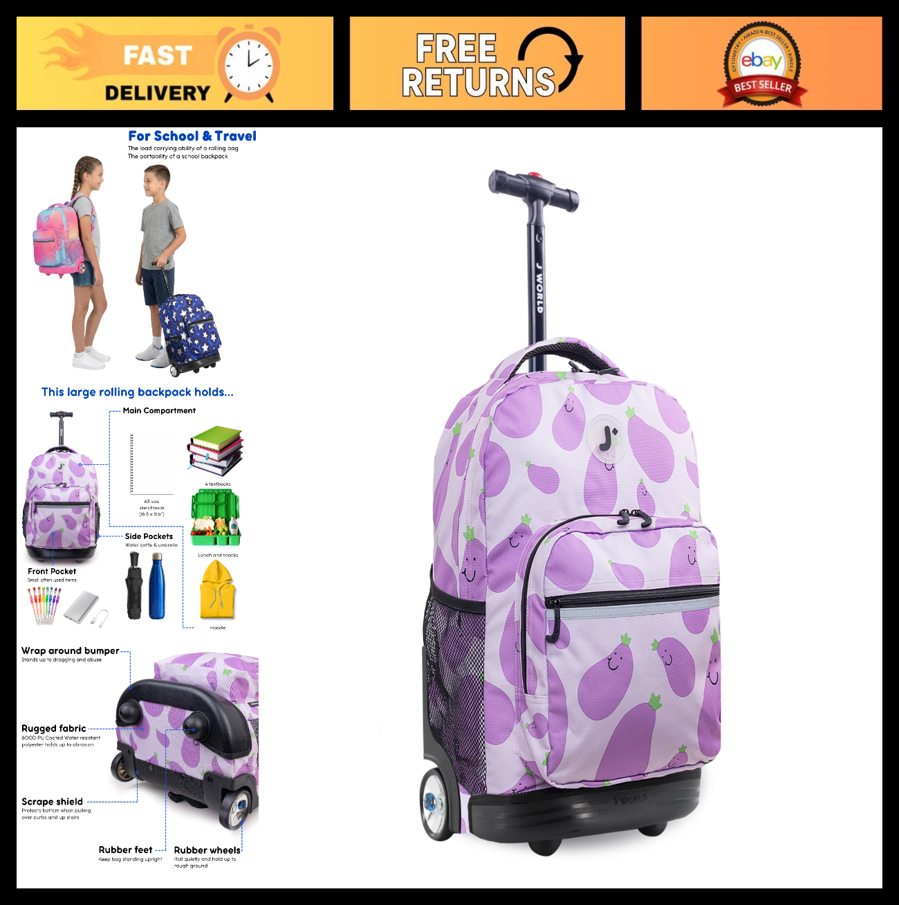 Kids Rolling Backpack with Wheels, 18" School Bookbag for Girls & Boys, Mr. Eggp0