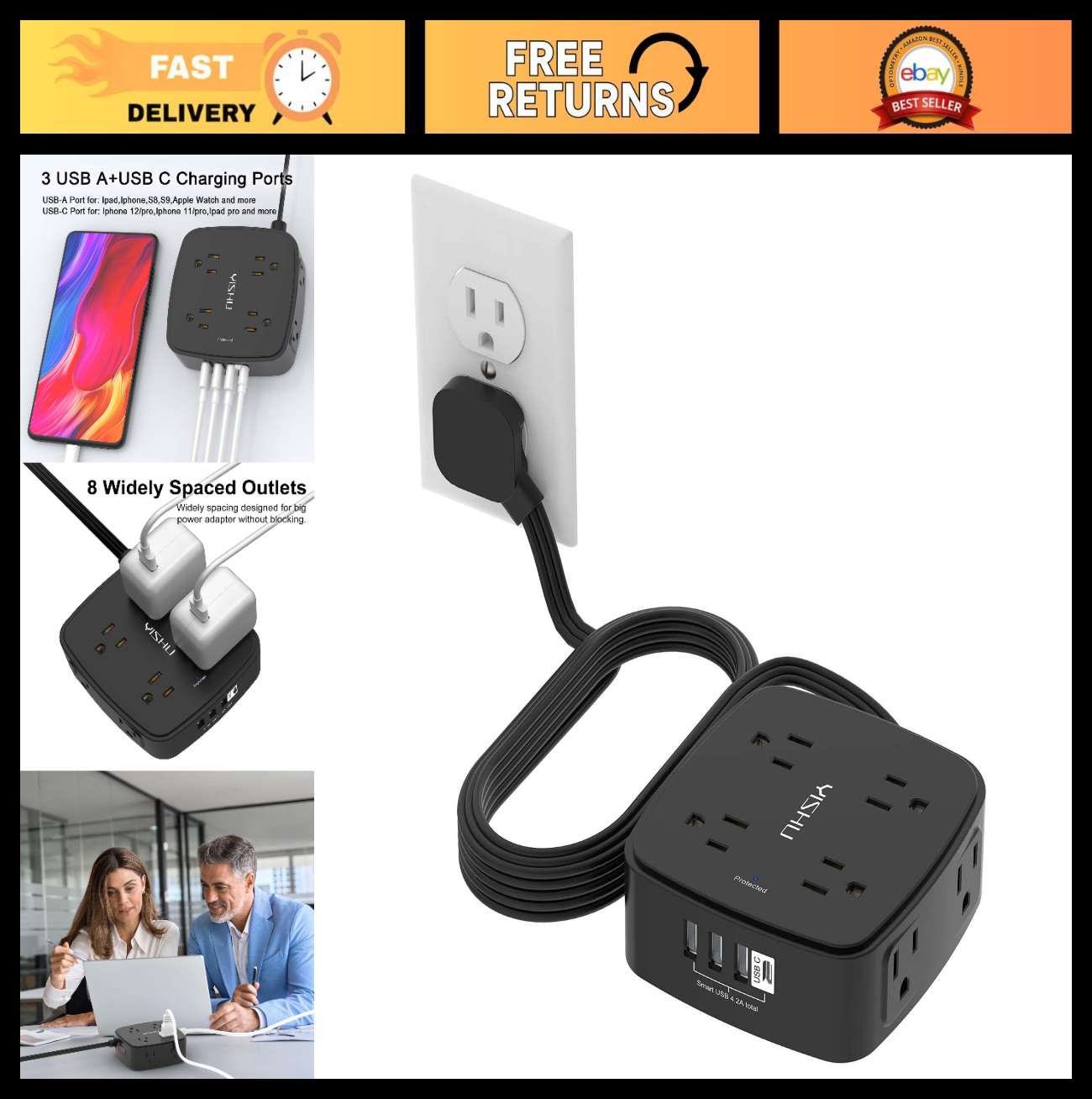 10 Ft Surge Protector Power Strip, 8 Outlets & 4 USB Ports, Flat Extension Cord,0