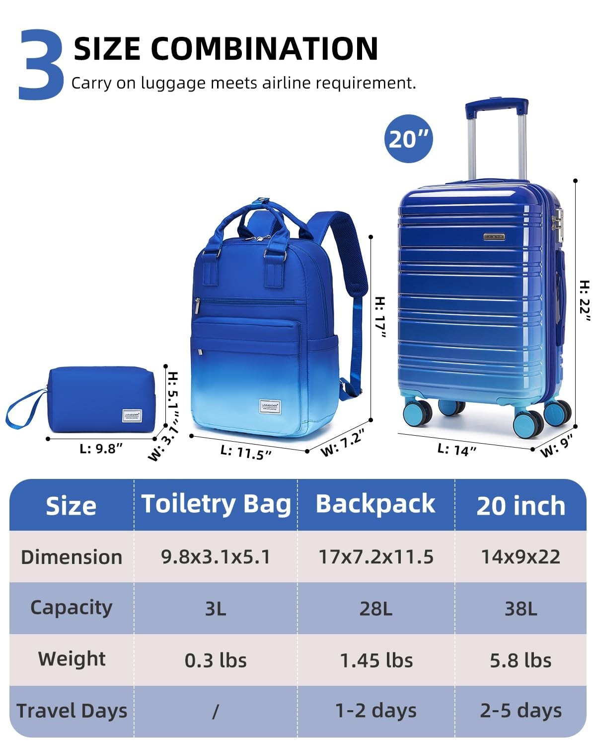 3-Piece Carry-On Luggage Set, 20" Hardshell Suitcases, TSA Lock, 360° Wheels, Ba4