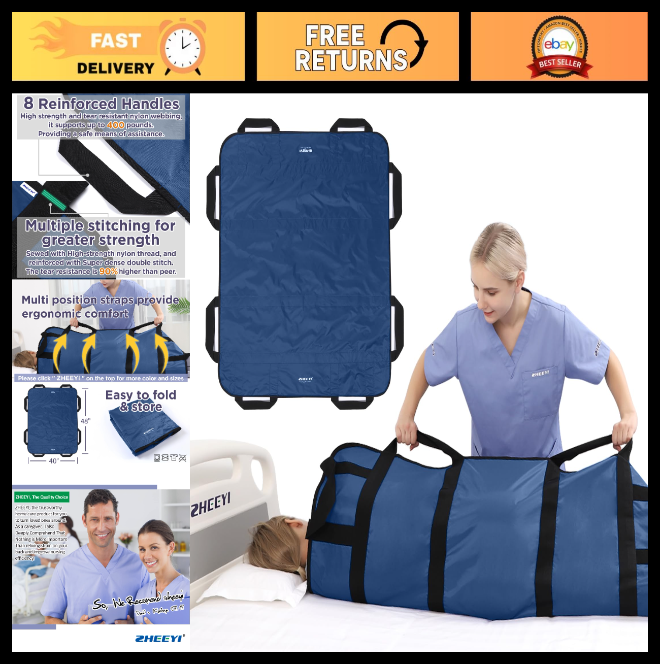 48"x40" Reusable Bed Pad with Handles   Washable Transfer Sheet for Lifting & Re0