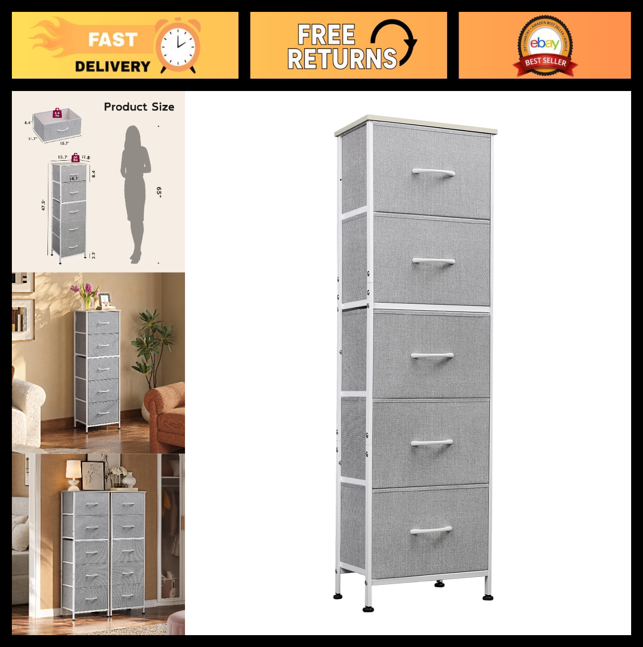 Tall Dresser for Bedroom - 5 Drawer Vertical Chest, Light Grey Fabric Storage, S0
