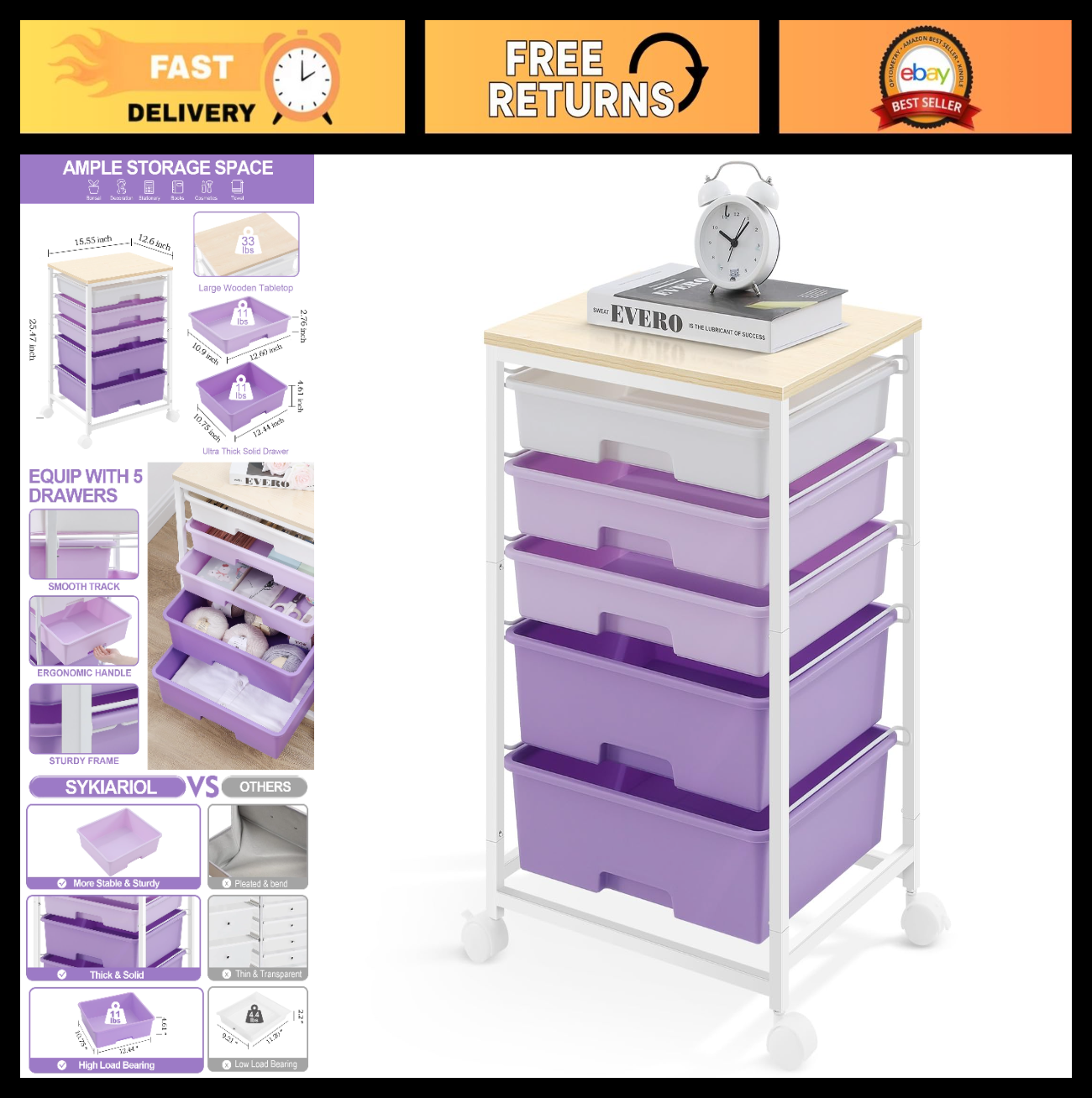 5 Drawer Utility Cart with Wooden Top & Lockable Wheels   Rolling Craft Trolley,0