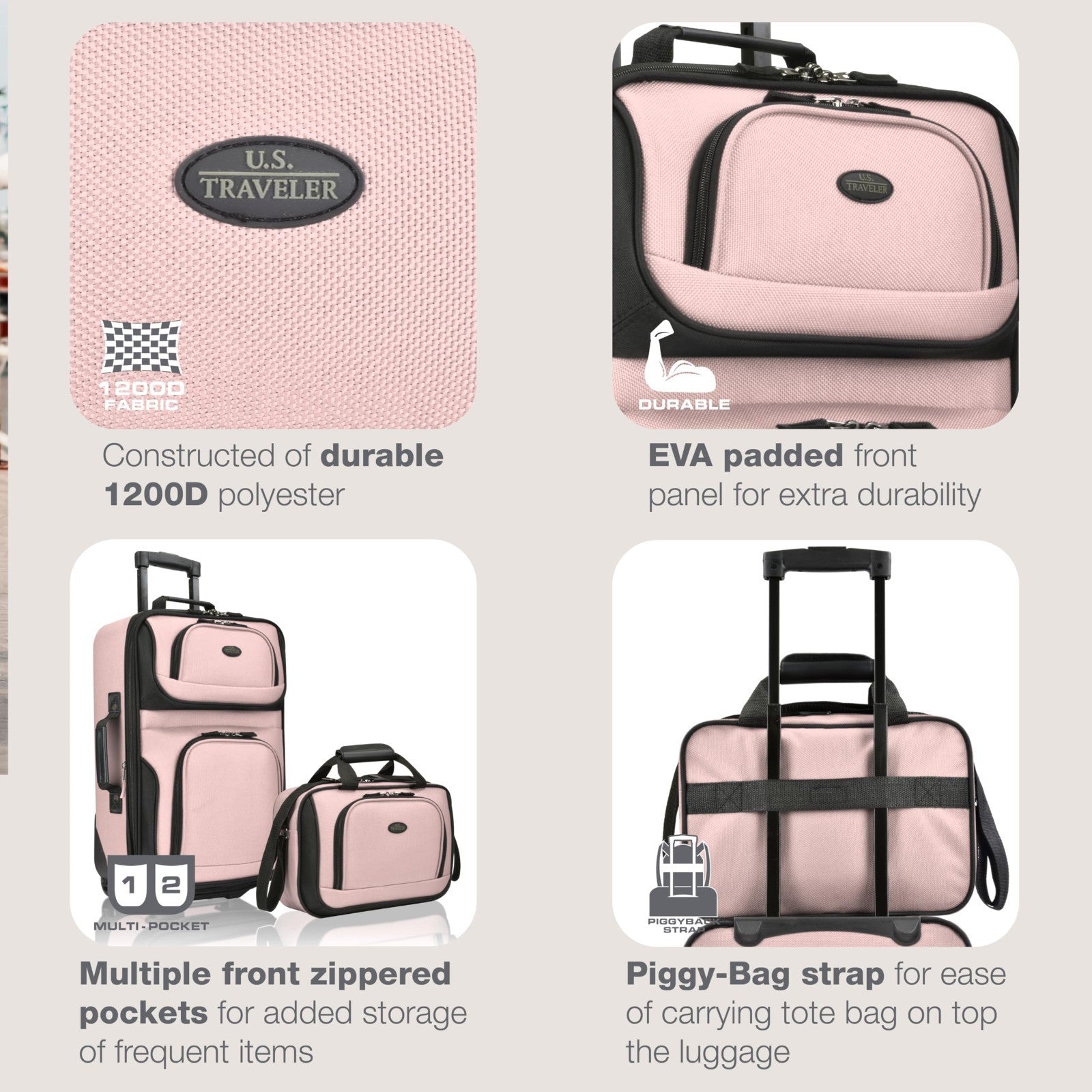 Lightweight Softside Rolling Carry-on Suitcase Set, 2-Wheel, Pink Travel Luggage3