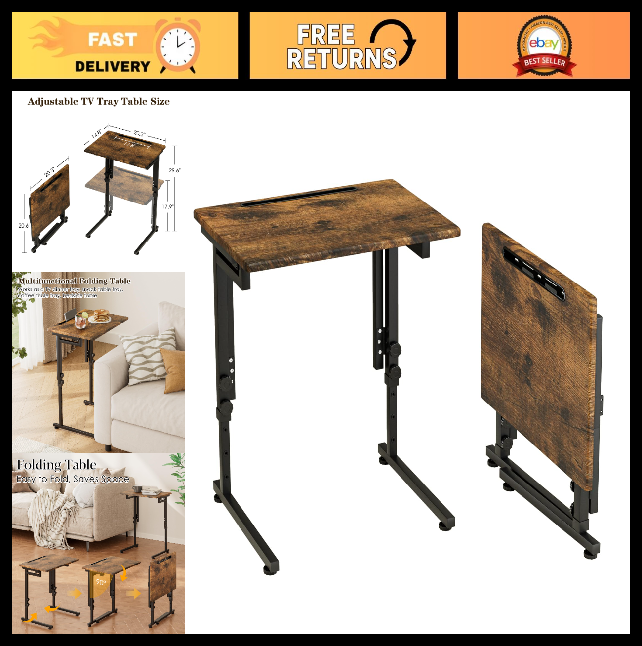 Adjustable Folding TV Tray Table - C-Shaped End Table, 6 Height Settings, Foldab0