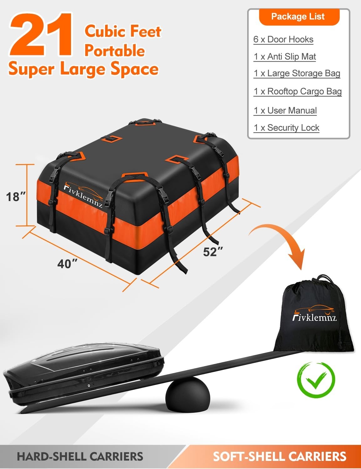 21 Cubic Waterproof Rooftop Cargo Carrier Bag - Soft Roof Storage, Anti-Slip Mat4