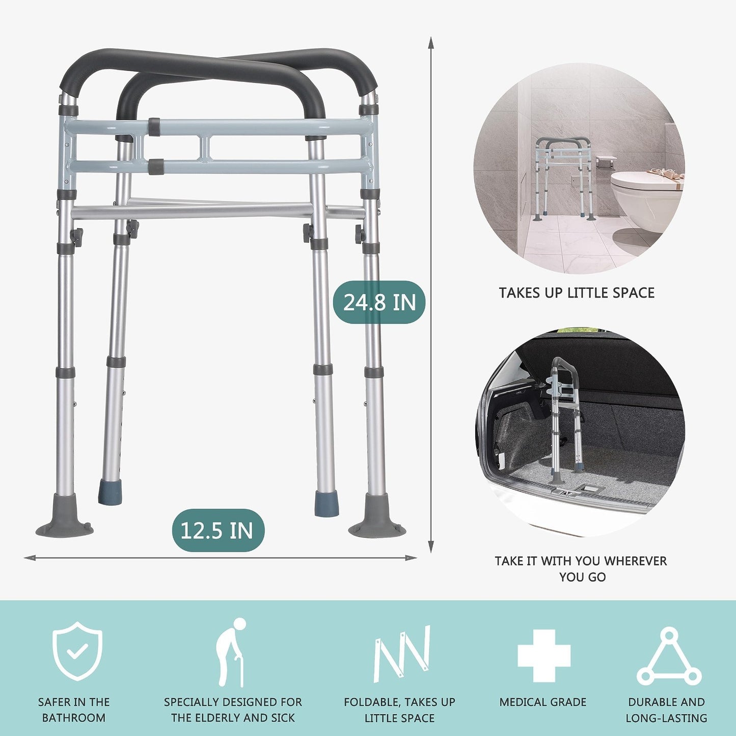 Toilet Safety Rails   Adjustable Height & Width, Foldable Design, 350 lbs Capaci3