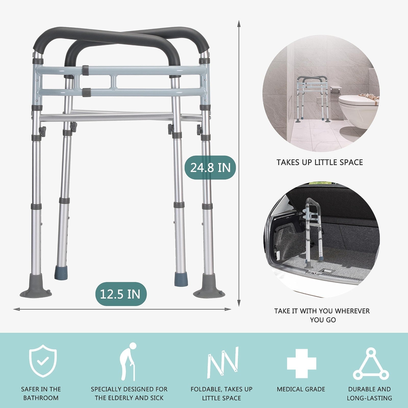Toilet Safety Rails   Adjustable Height & Width, Foldable Design, 350 lbs Capaci3