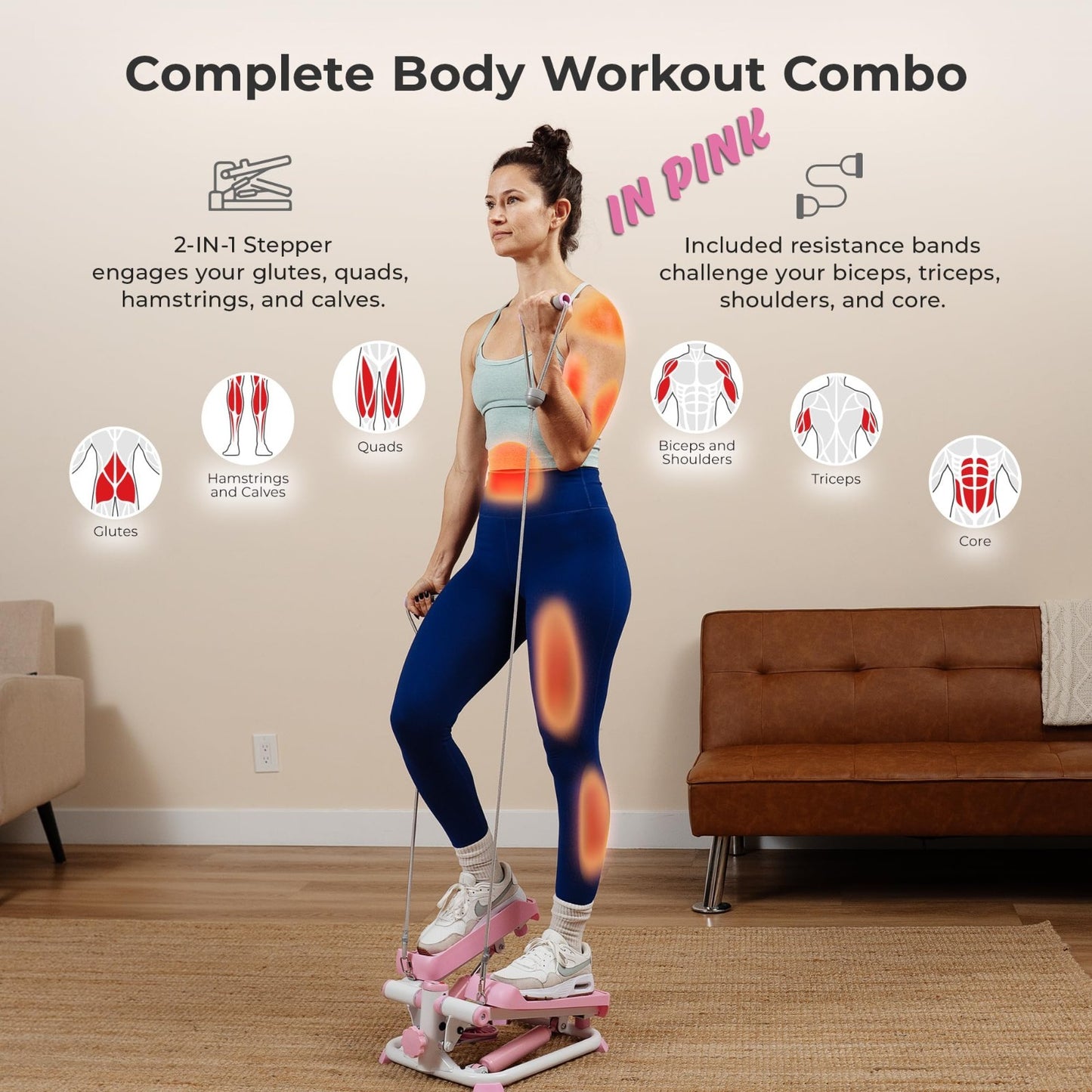 Mini Stair Stepper with Resistance Bands for Home Gym | Full Body Cardio, Adjust2