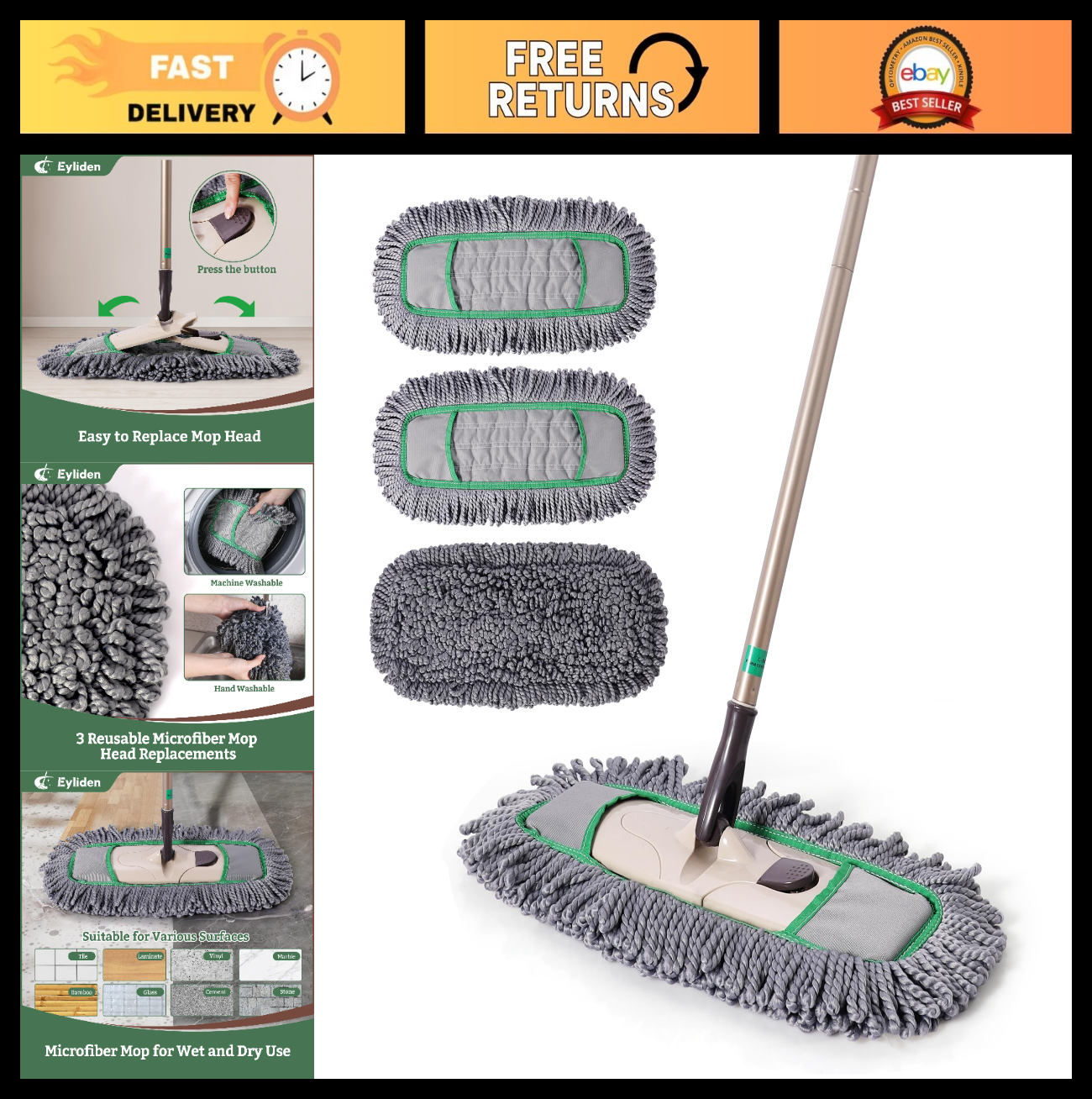 Pro Dust Mop for Floor Cleaning - 3 Reusable Microfiber Pads, Heavy-Duty, Effici0