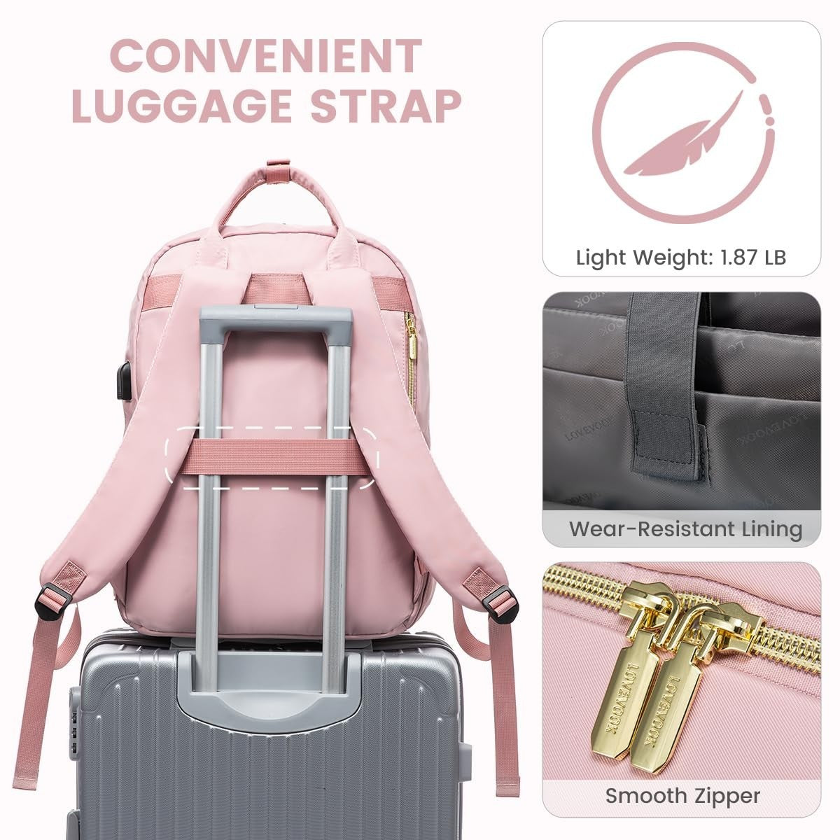 Stylish 15.6" Laptop Backpack for Women, Waterproof Daypack with USB Port, Pink5