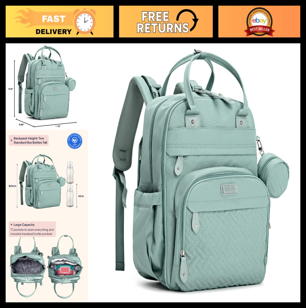 Multi Function Water Resistant Diaper Bag Backpack   Baby Travel Essentials, Cha0