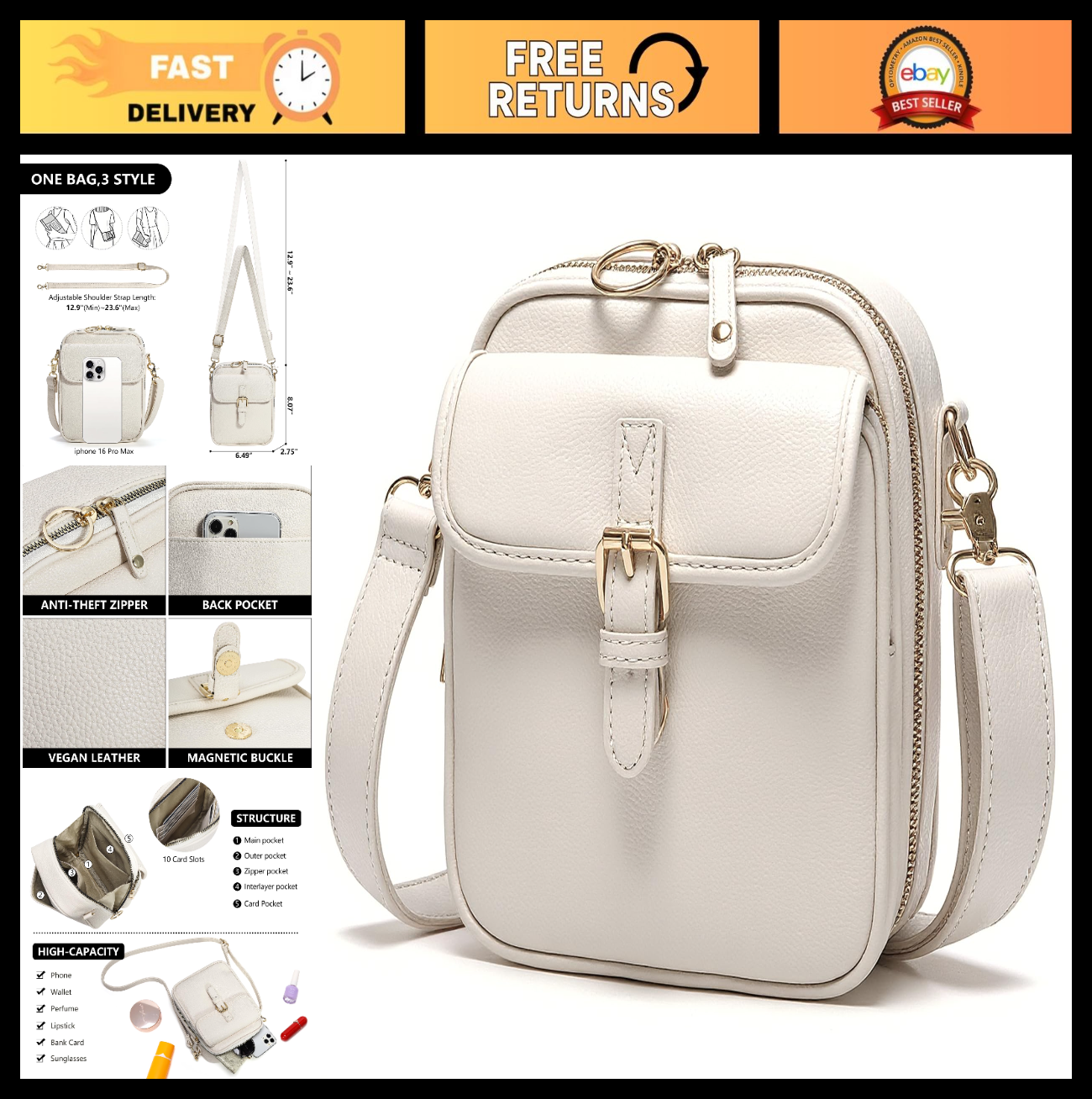 Vegan Leather Crossbody Bag for Women - Vintage Anti-Theft Messenger Purse with0