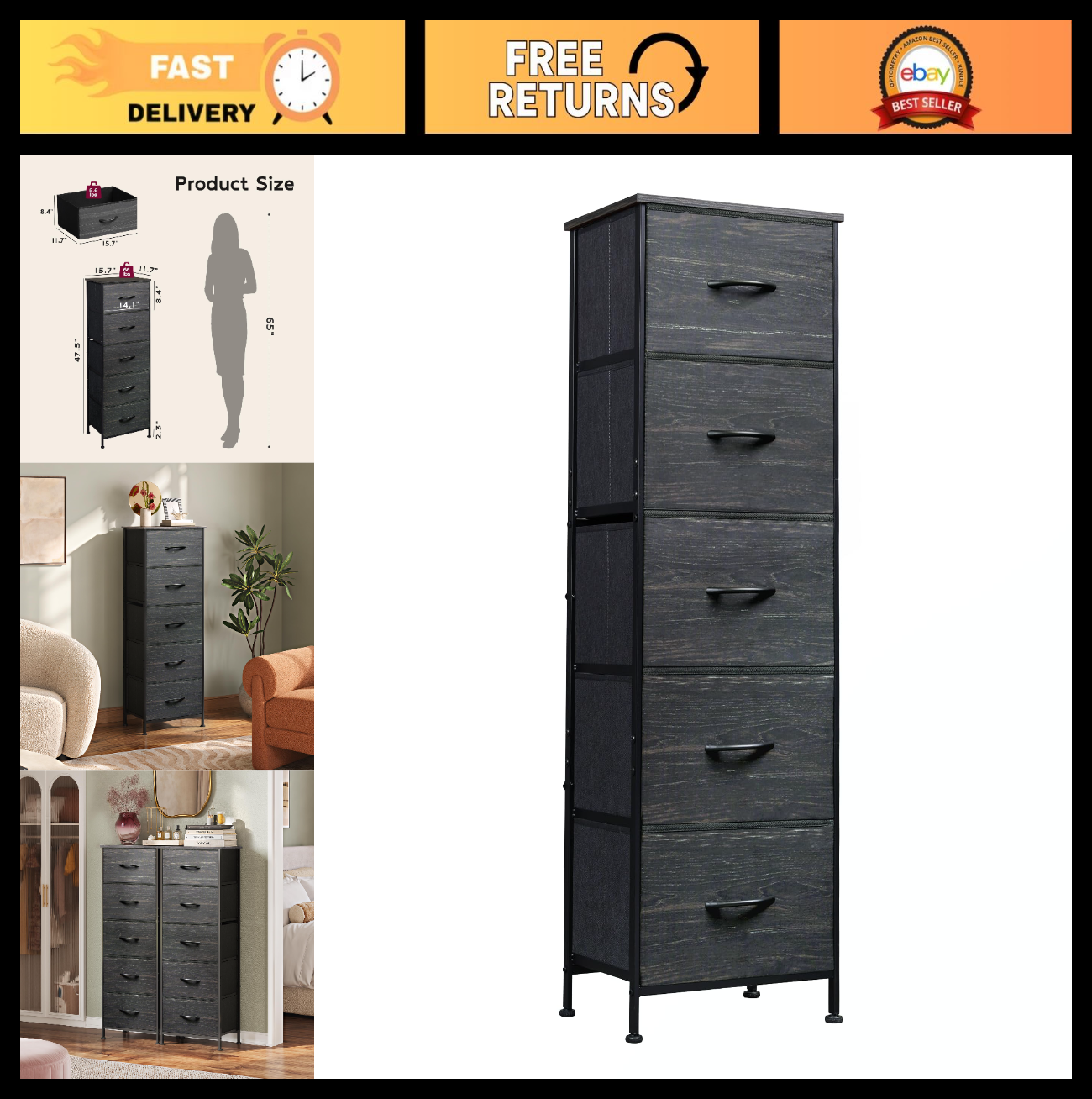 5-Drawer Tall Dresser Chest, Vertical Fabric Drawers, Black Wood Grain, Space-Sa0