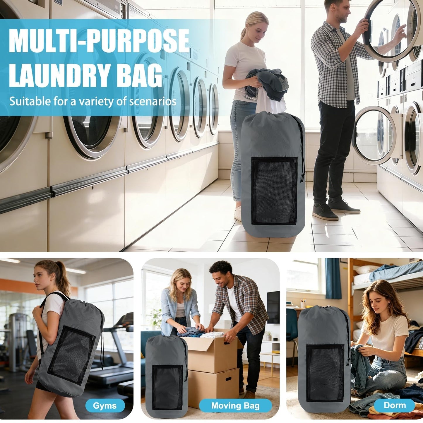 Extra Large Travel Laundry Bag Backpack - 2PCS with Mesh Pocket & Adjustable Str5