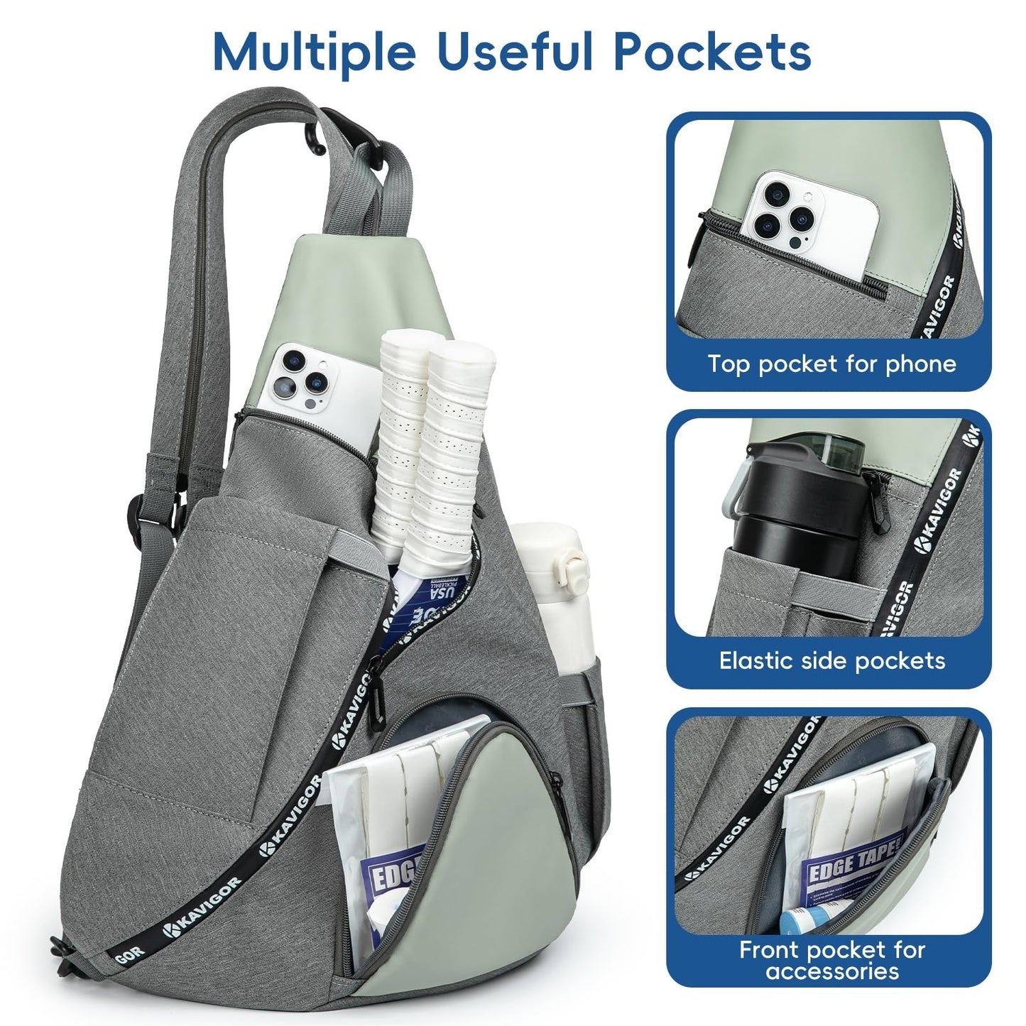 Lightweight Pickleball Sling Bag with 7 Pockets, Water-Resistant & Detachable St2