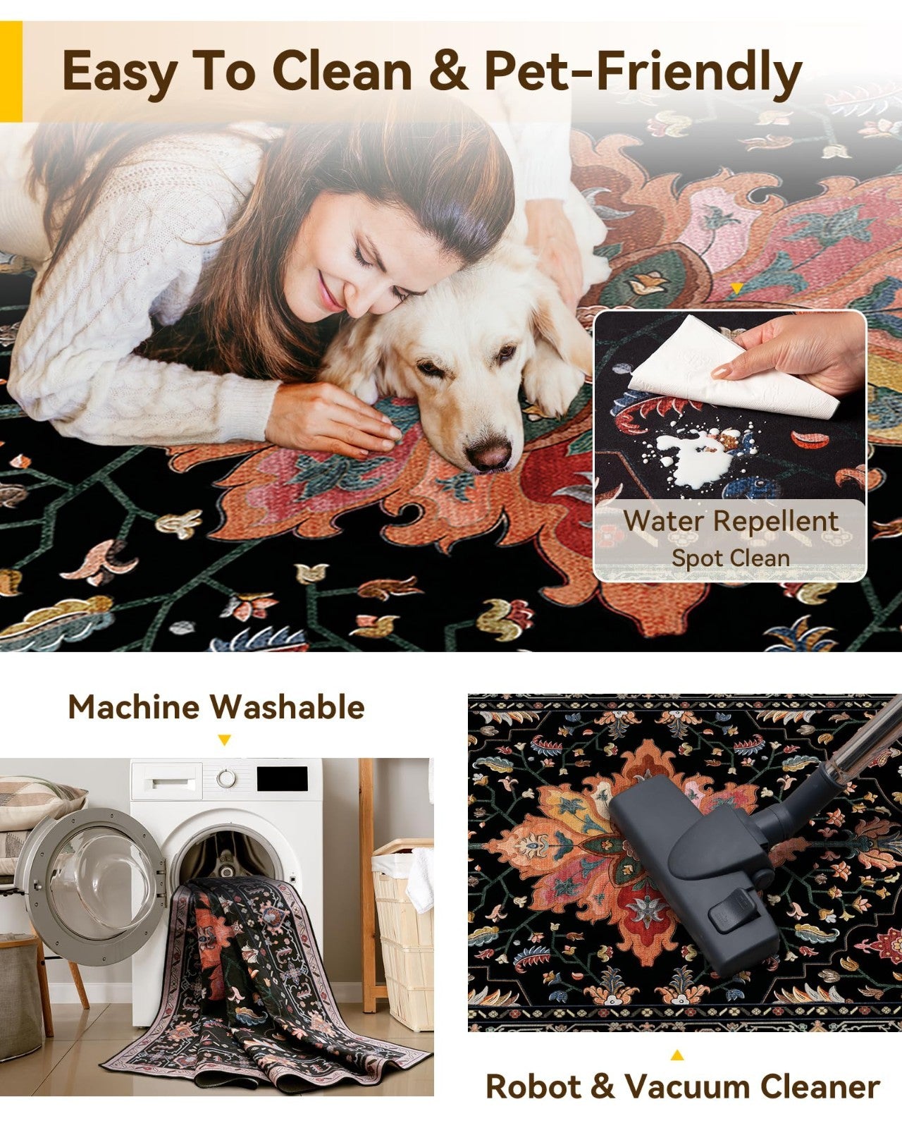 Washable 8'x10' Area Rug   Non Slip, Water Repellent, Pet Friendly, Vintage Flor4