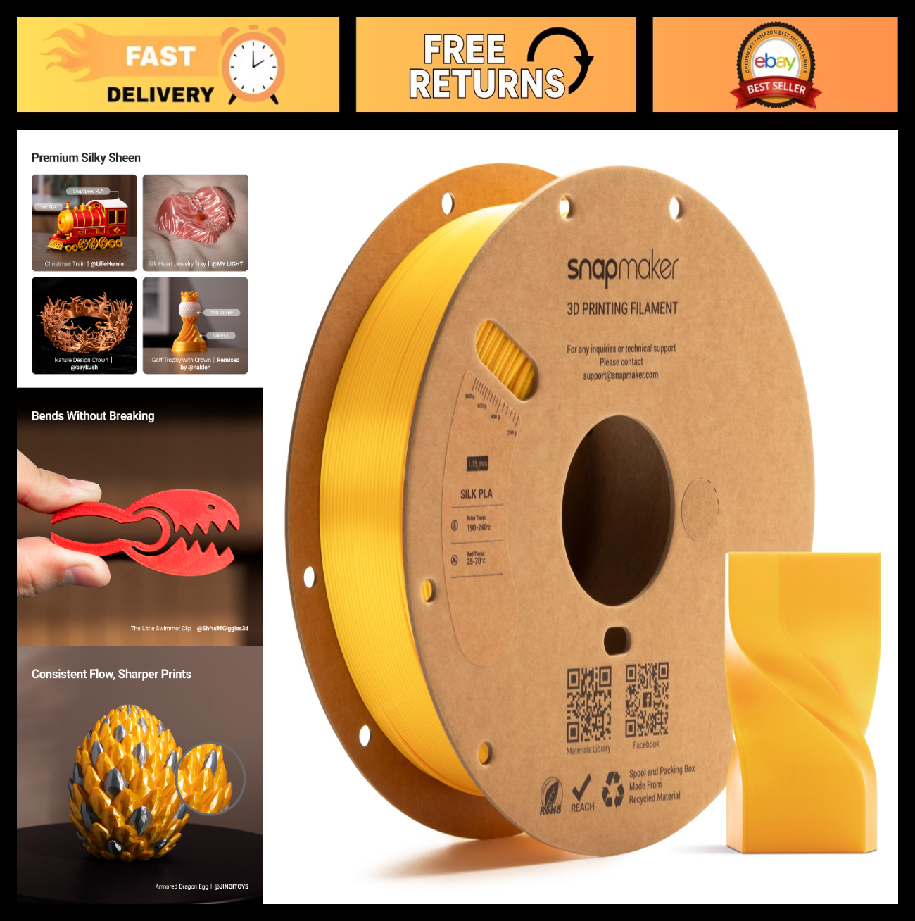 High-Quality Silk PLA Filament 1.75mm for 3D Printing - 1kg (2.2lbs) - Smooth Fi0