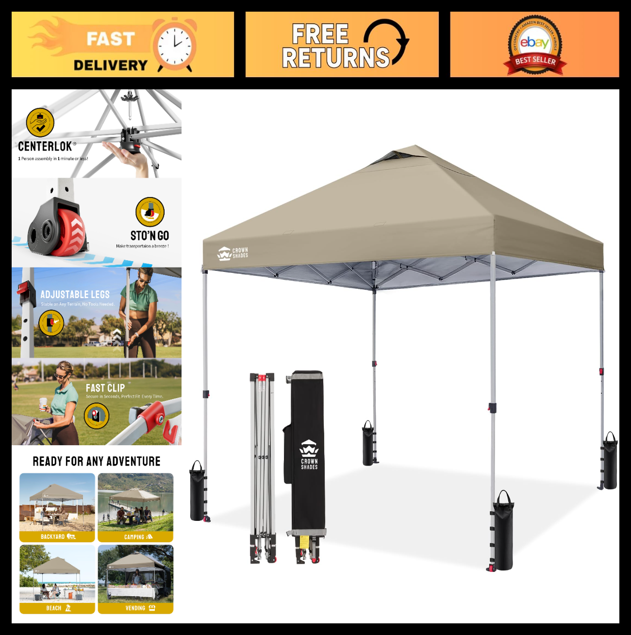 12x12 Pop Up Canopy Tent   Easy Setup, Beige Sun Shade for Events, Parties, Camp0