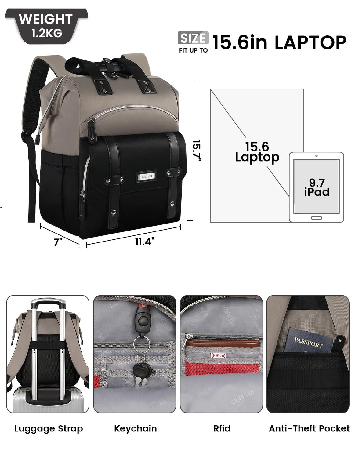 Stylish 15.6" Laptop Backpack for Women   RFID Anti Theft College Work Bag, Grey2