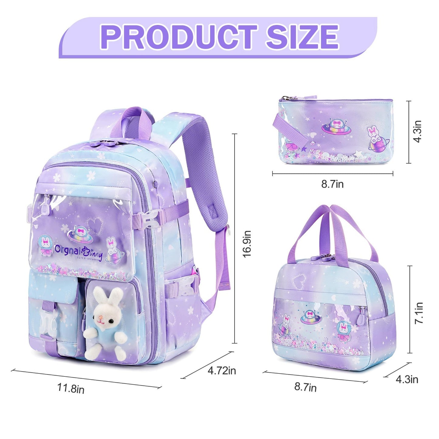 3PCS Kawaii Bunny Girls Backpack Set   School Bag with Lunch Box & Pencil Case,2