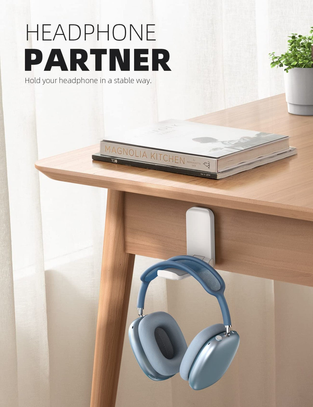 Headphone Stand & Adhesive Headset Hanger | Under Desk Hook Mount Clip, White2