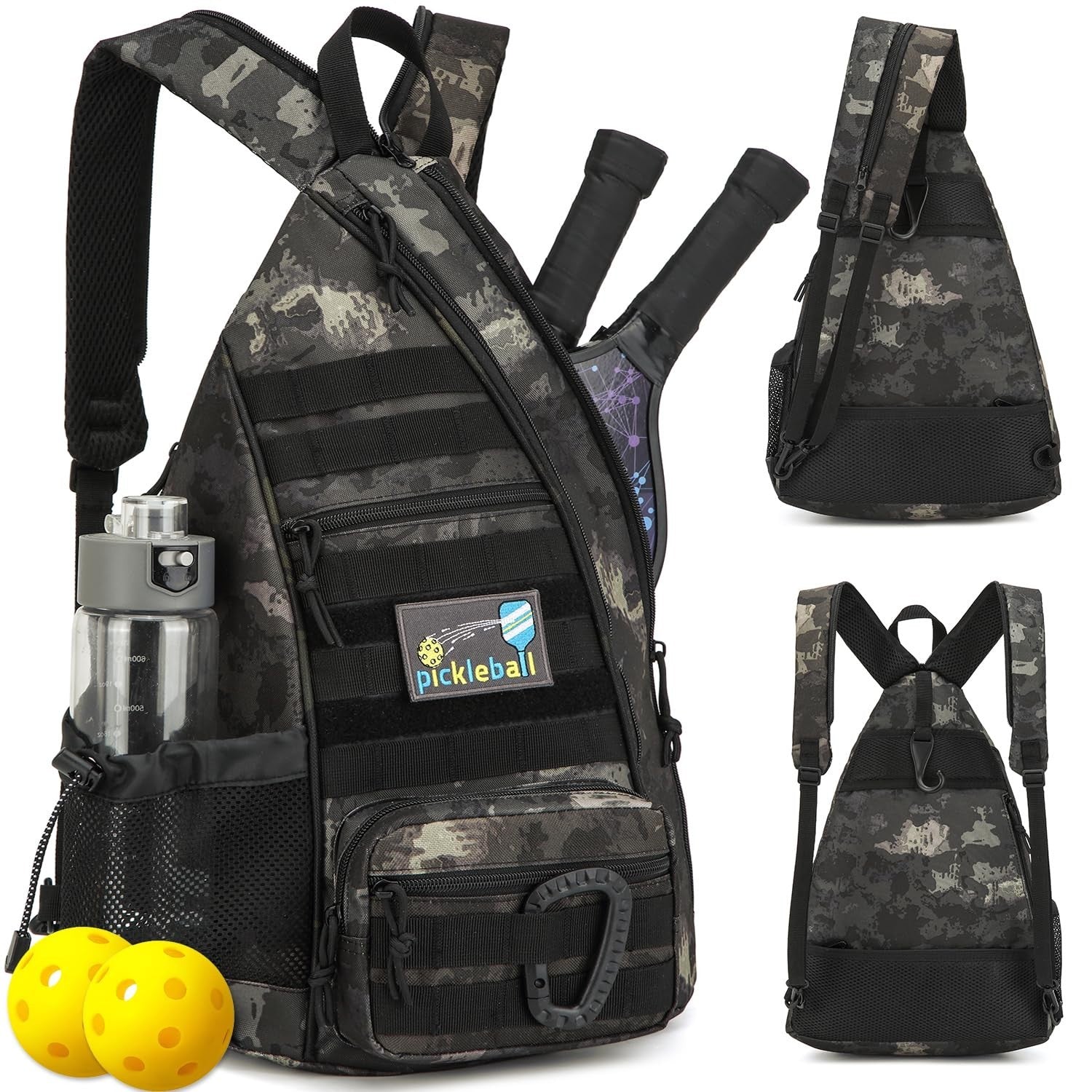 Tactical Pickleball Backpack | Adjustable Sling Bag with Fence Hook & Water Bott1