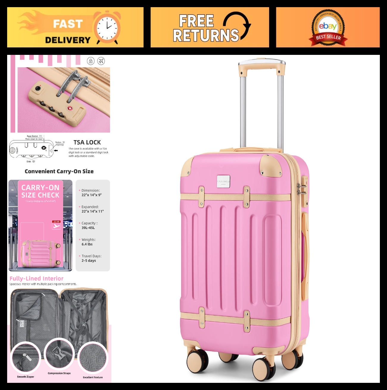 Expandable Carry-On Luggage 22x14x9, Lightweight ABS Hardshell, TSA Lock, 360° S0