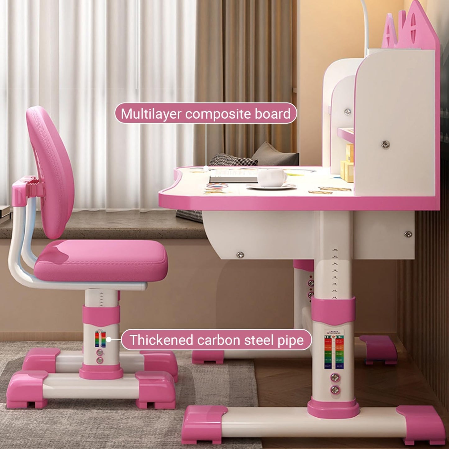 Adjustable Kids Study Table & Chair Set, Cute Cartoon Pattern, Widened Desktop,3