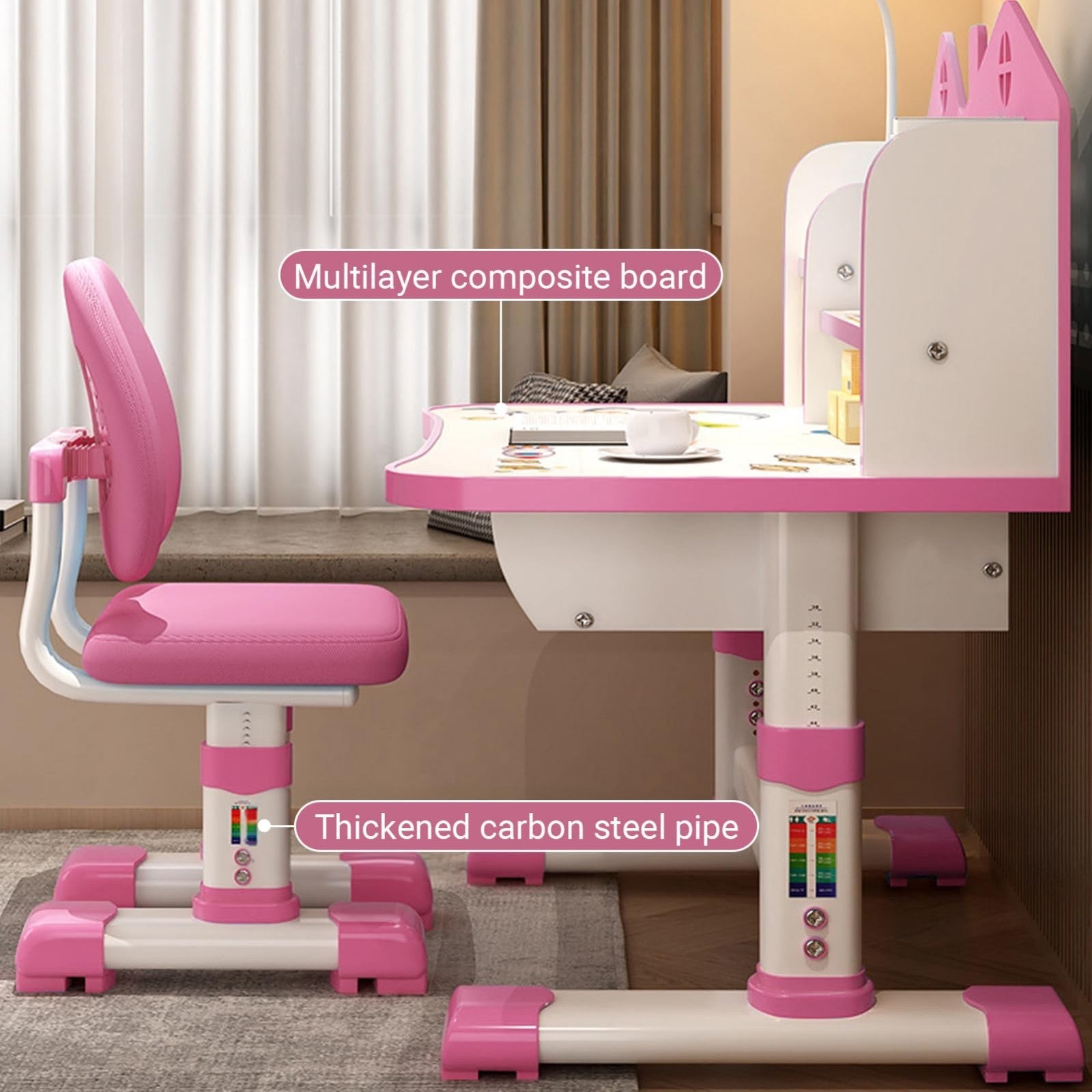 Adjustable Kids Study Table & Chair Set, Cute Cartoon Pattern, Widened Desktop,3