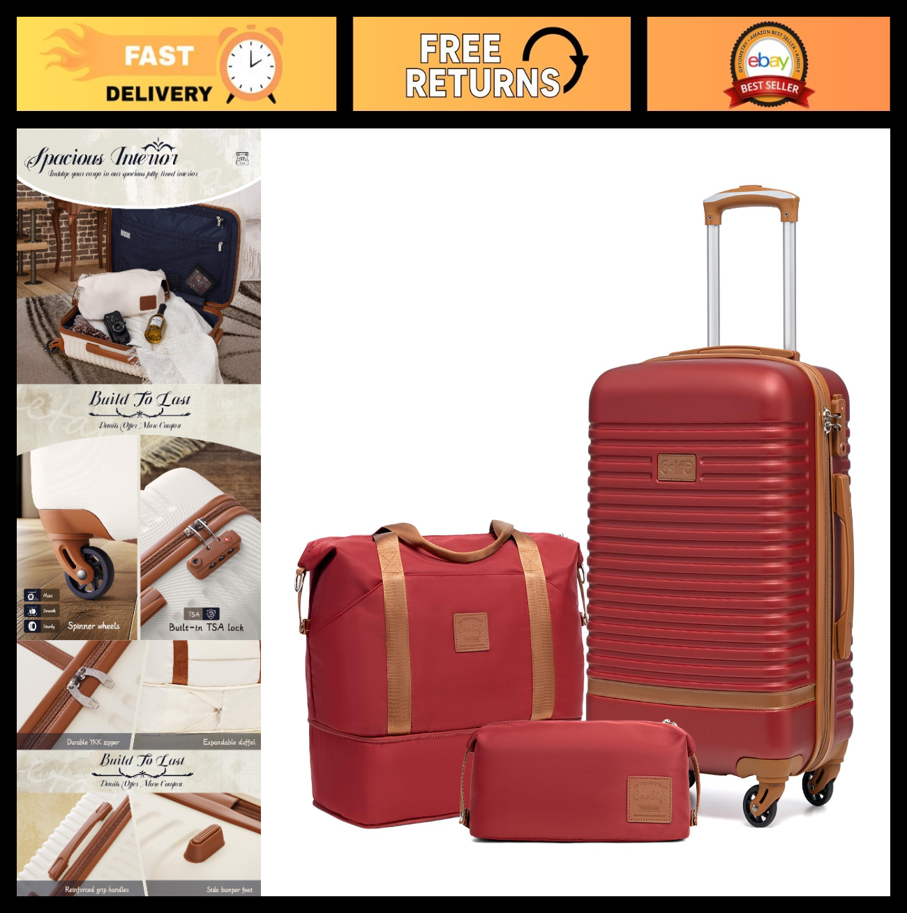 3-Piece Red Luggage Set - Carry-On Suitcase with 360° Spinner Wheels, Trolley Sl0