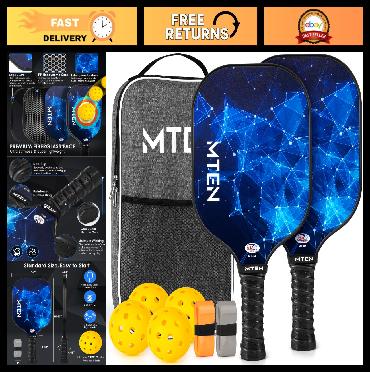 Pickleball Paddle Set of 2/4/1 - USAPA Approved Fiberglass Rackets, Lightweight0