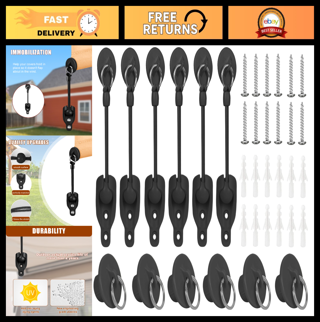 Replacement Roller Shade Hardware Bungee Kit & End Cap Tie Downs - 3 Black0