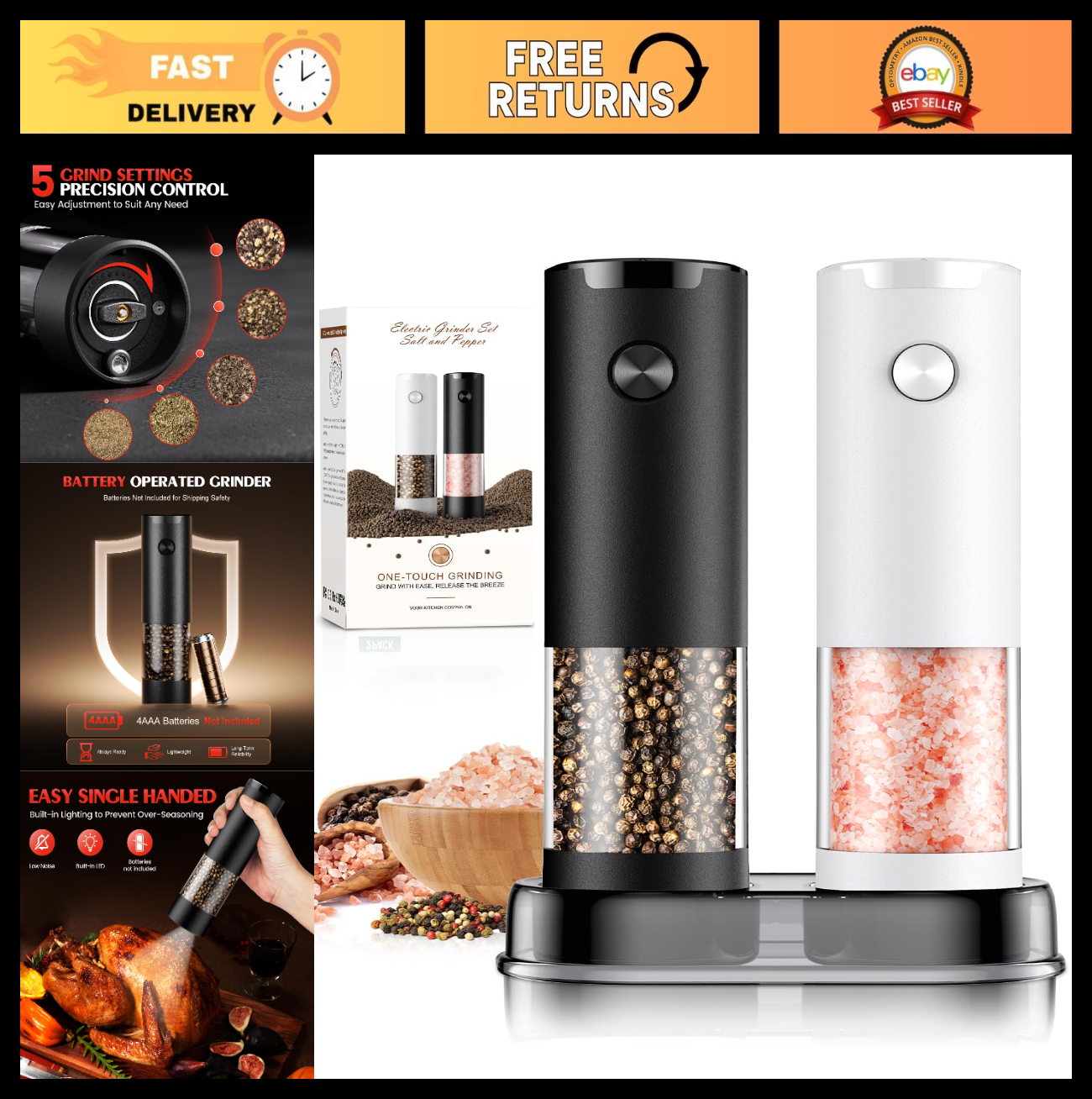 Automatic Electric Salt and Pepper Grinder Set   Adjustable Coarseness, LED, Lar0