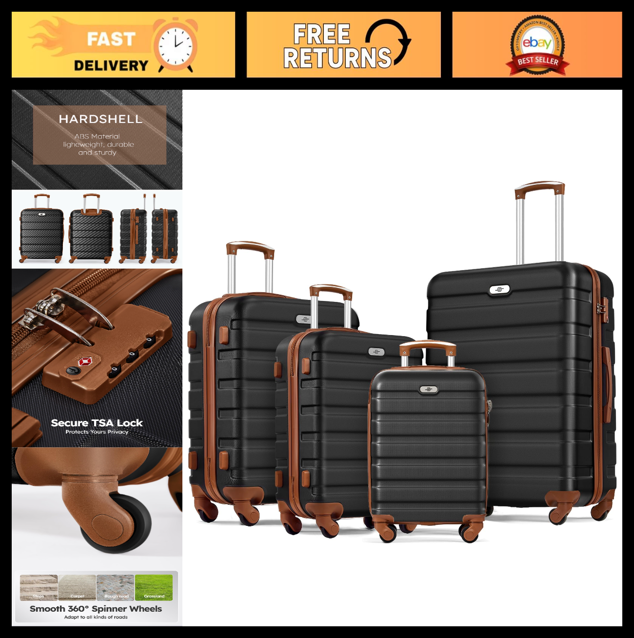 4 Piece Hardshell Luggage Set, Carry-On Suitcase with Spinner Wheels & TSA Lock0