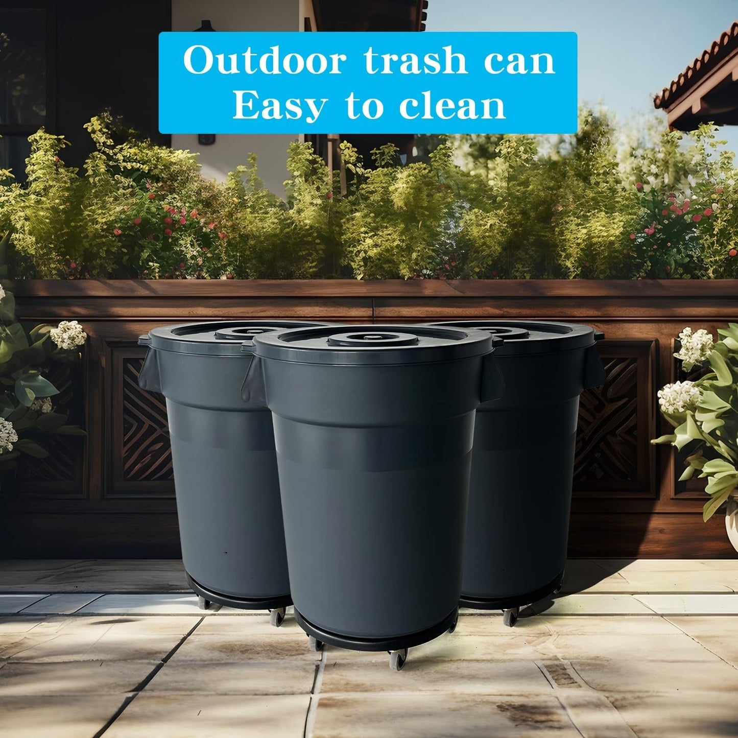 32 Gallon Heavy Duty Outdoor Trash Can with Lid & Wheels | Round, Ideal for Pati6