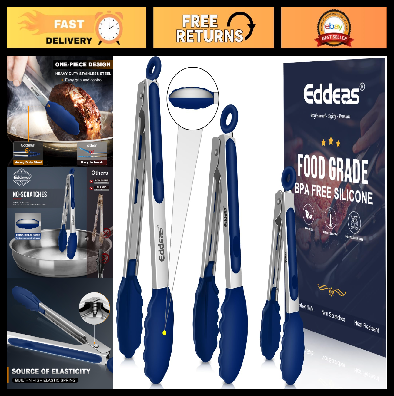Heat Resistant Silicone Tongs   7", 9", 12" Kitchen Cooking Tools, Locking Metal0