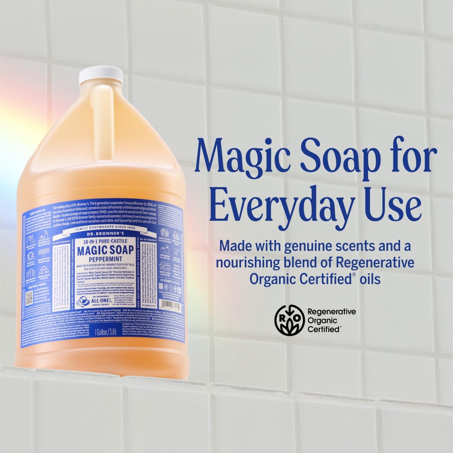 Pure-Castile Liquid Soap Refill 1 Gallon - Peppermint, 18-in-1 Uses: Body Wash,2
