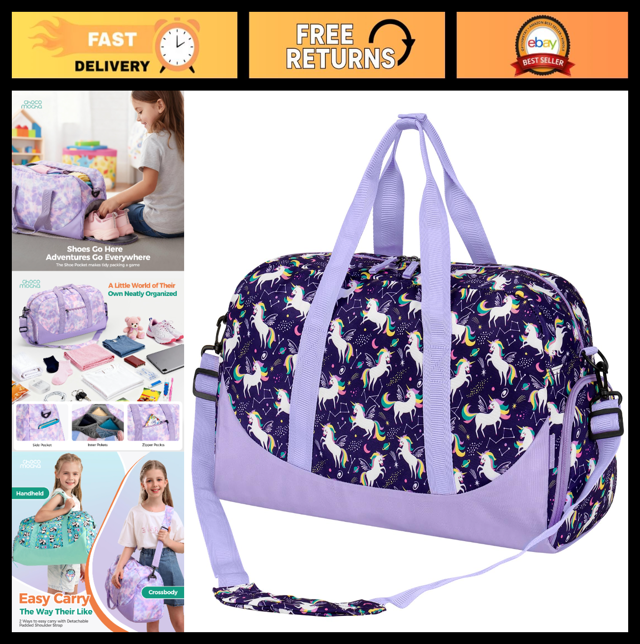 Unicorn Duffle Bag for Kids - Large Overnight Travel Bag with Shoe Compartment,0